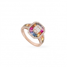Rose Gold Multi-Coloured Sapphire & Diamond Ring